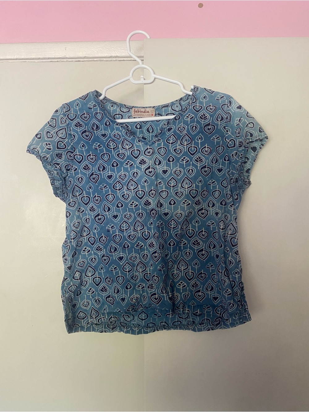 fabindia Teal-Blue Geometric Print Cap-Sleeve Cotton Top